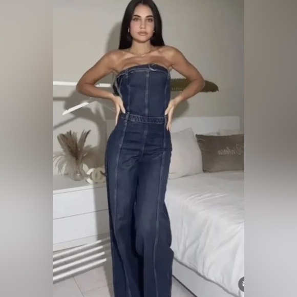 Zara STRAPLESS TRF DENIM JUMPSUIT. Navy Blue. Size M. New with Tags. - Picture 8 of 14
